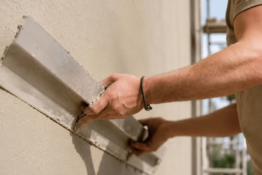 Close-up of a steel trowel smoothing cream render