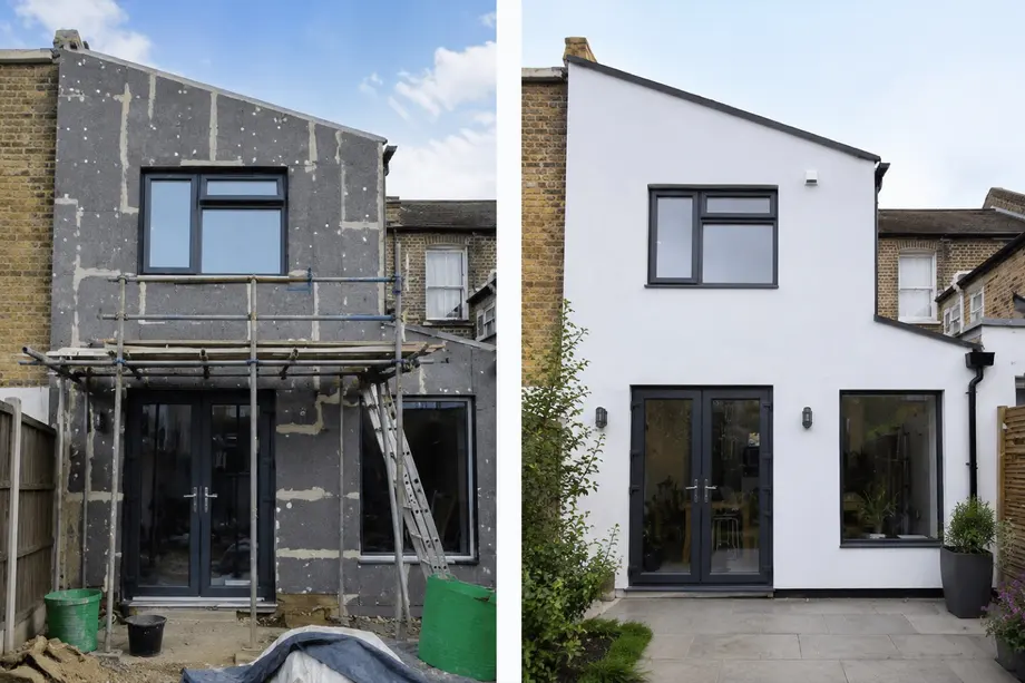Split view of external wall insulation in progress beside the finished render