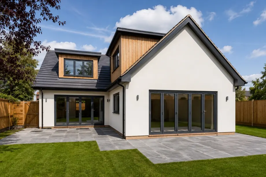 Rear elevation with render, timber dormer and bi-fold doors