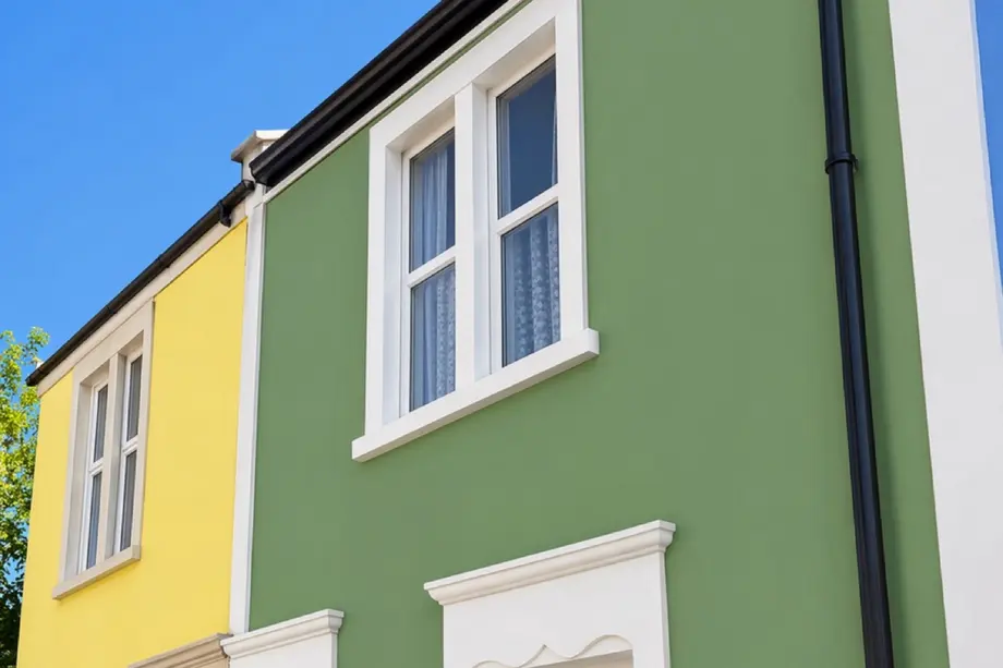 Front of a detached house in smooth off-white render with a bow bay window