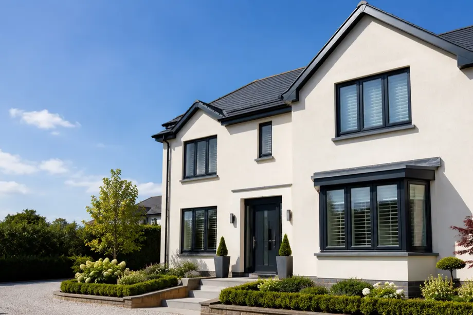 Two-storey detached new-build in smooth cream render with a dark roof