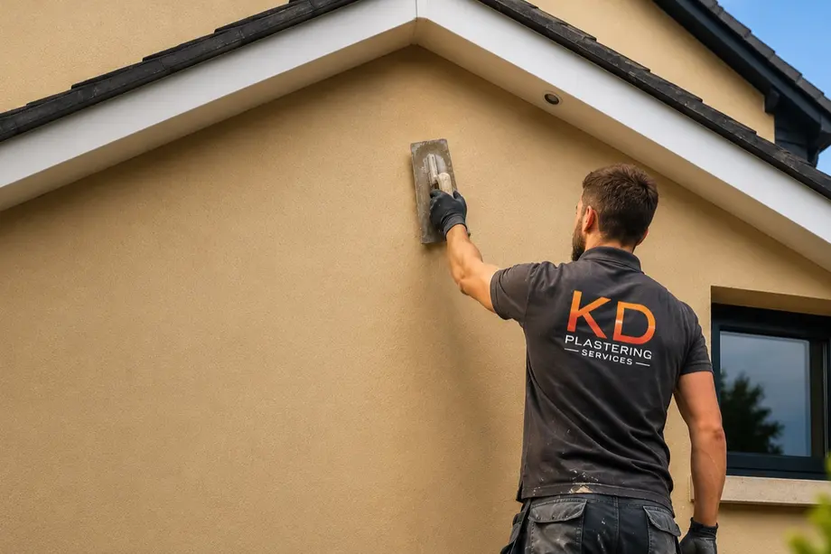 Applying textured beige render with a steel trowel