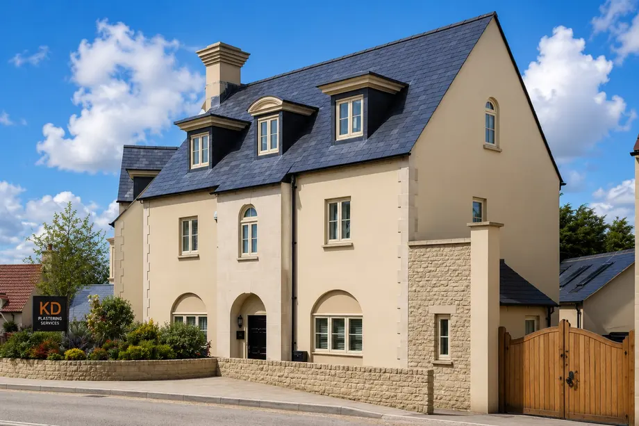 Traditional detached house finished in cream monocouche render