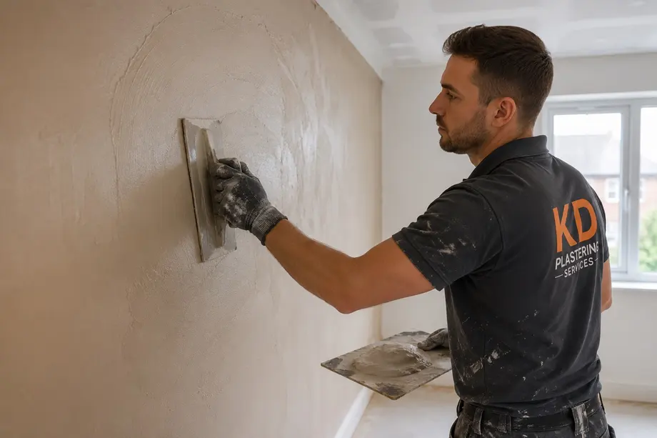 KD Plastering trowelling interior plaster in a room mid-renovation