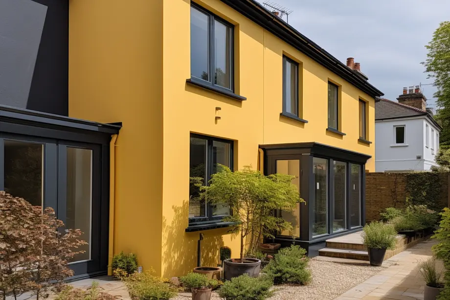 Mustard yellow silicone render with a charcoal accent panel